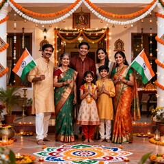 A happy Indian family celebrating India&rsquo;s Independence Day together; smiling and joyful, wearing traditional Indian clothing such as sarees and kurta pajamas