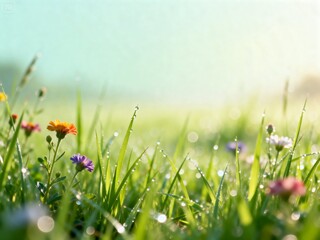 close-up photography of Spring season natural scene fresh green grass with detailed texture, sparkling morning dew  and small soft-colored flowers blooming among the grass