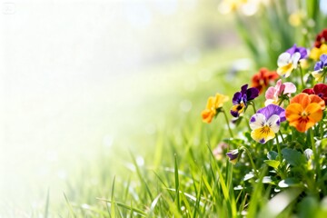 vibrant colorful flowers blooming among lush green grass positioned on the right side of the frame