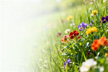 vibrant colorful flowers blooming among lush green grass positioned on the right side of the frame