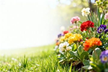 vibrant colorful flowers blooming among lush green grass positioned on the right side of the frame