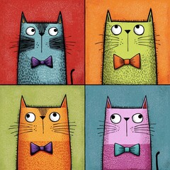 Cat greeting card. Colorful illustration featuring a block of four amusing cats with different patterns and bow ties. Four cute cartoon cats wearing bow ties pattern