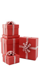 Stack of Red Gift Boxes With White Ribbons on Red Background