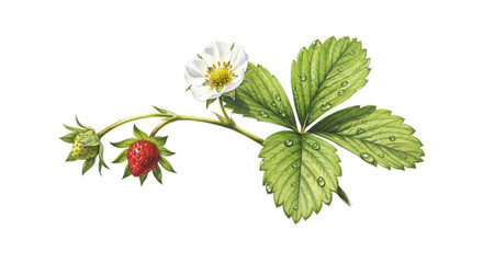 Strawberry Plant with Red Berry and White Flower Isolated on Soft Green Background