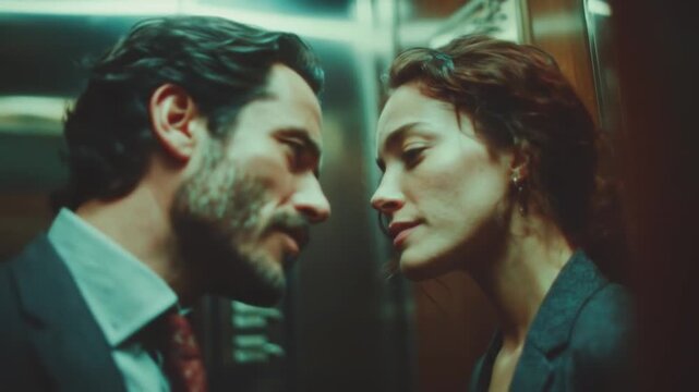 Man and woman face each other in elevator inside space dramatic lighting
