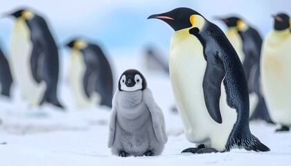 Obraz premium Little Emperor Penguin Chick Surrounded by Adults