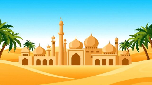 Desert Mosque Appears Amidst Shifting Sands and Palm Trees.