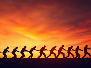 Fototapeta premium Silhouettes of people pulling a rope in unison against a vibrant orange and yellow sky, symbolizing teamwork and effort