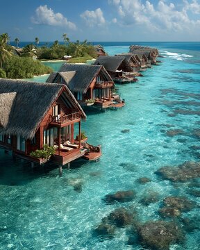 Peaceful maldives shoreline with elegant stilted villas blending into coral reefs and pastel colored dusk