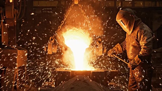 Industrial metal foundry scene worker in heat resistant suit and welding helmet carefully pouring molten steel into casting mold fiery sparks exploding outward slow motion realistic molten metal flow 