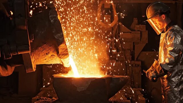 Cinematic slow motion footage of industrial metal casting process molten metal glowing bright orange sparks flying through dark foundry worker wearing full safety equipment dramatic lighting realistic
