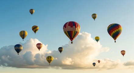 Obraz premium Colorful hot air balloons ascending against a bright blue sky with fluffy clouds