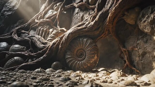 Fossilized Ammonite Shells and Ancient Tree Roots in Cave Light