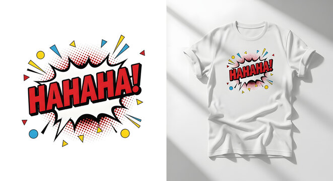 Retro comic book style haha text design on white tshirt with red font and geometric shapes
