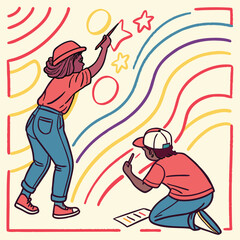 Fototapeta premium Colorful brush strokes with chalk texture - wavy line patterns, underline elements, circular frames and rectangular borders. Hand drawn vibrant playful creative emphasis.