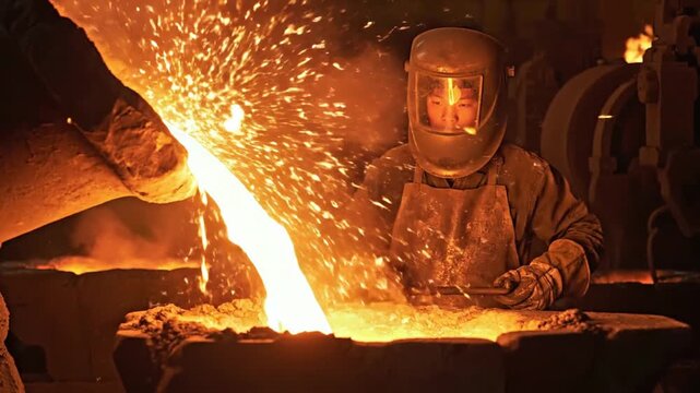 Cinematic industrial metal casting footage molten metal sparks and embers filling frame worker wearing protective welding helmet intense orange glow dark foundry atmosphere slow motion handheld realis