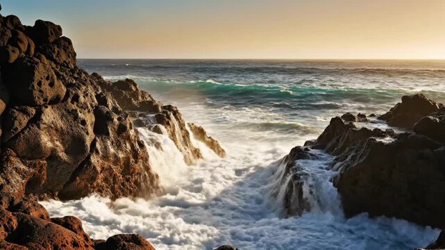 Ocean waves crashing on rocky coastline at sunset, dramatic seascape, coastal erosion