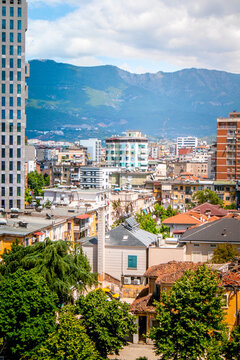 Mountains and buildings seen from Pyramid of Tirana, Albania, vertical format