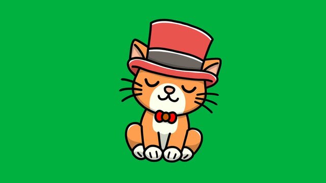 Animated illustration of a cartoon cat wearing a hat sitting and shaking its head cutely