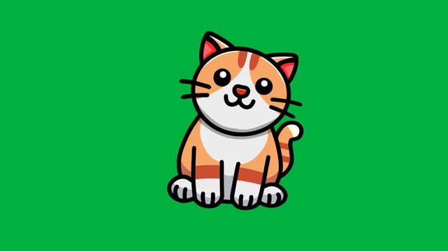 Animated illustration of a cartoon cat sitting and shaking its head cutely on a green screen