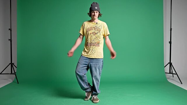 A young man wearing casual streetwear and a beanie performs a humorous, awkward shuffle dance movement on a green screen studio backdrop for easy digi