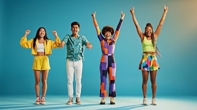 Four diverse young people wearing brightly colored, retro geometric outfits happily jump simultaneously against a vivid blue studio backdrop, celebrat