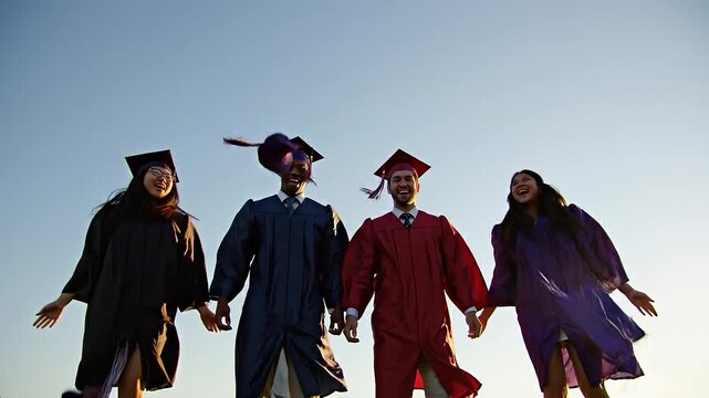A low-angle shot captures a diverse group of four excited college graduates throwing their mortarboard caps into the clear blue sky, celebrating their