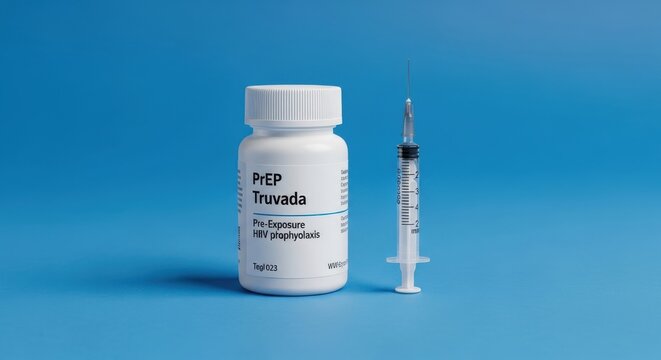 Truvada PrEP medication bottle with syringe on blue background
