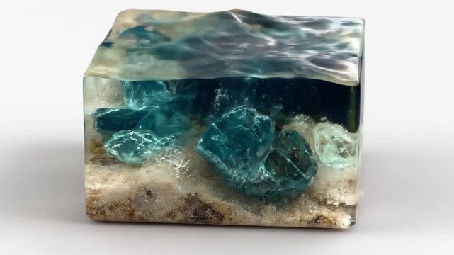 Ocean scene encased in a transparent cube with water and rock details