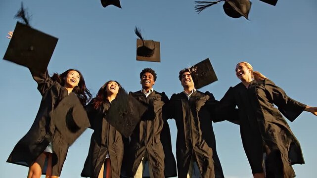 A diverse group of five excited university students wearing black graduation gowns throw their mortarboard caps high into the clear blue sky to celebr