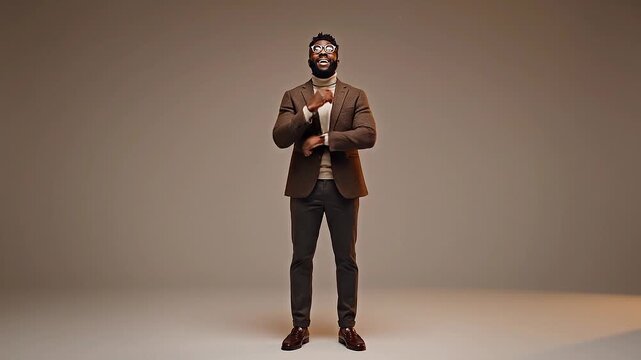 A sharply dressed Black man in a brown suit and glasses stands thoughtfully against a neutral studio background, contemplating a complex business stra