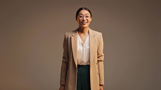 A serious and elegant Asian businesswoman wearing a beige blazer and glasses stands thoughtfully against a neutral studio backdrop, considering a stra