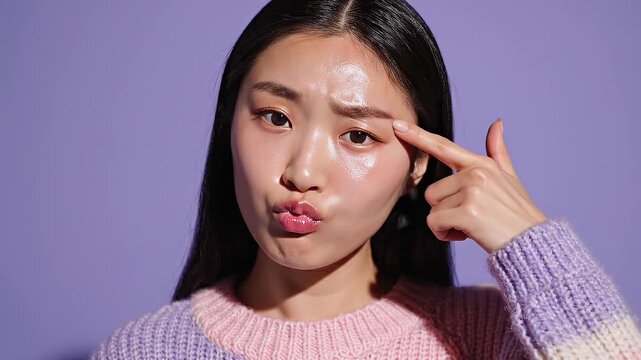 A young Asian woman with dewy skin and glossy pink lips tilts her head and makes a playful kiss face against a vibrant purple backdrop, highlighting m