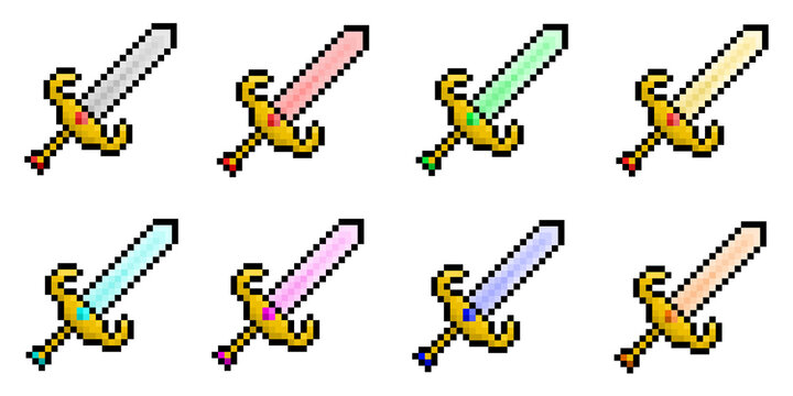 Eight cool-looking pixel art swords in different colors, suitable for use in fantasy RPG game assets, also great for icons and stickers. 