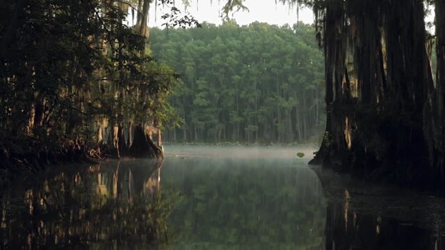 The sun rises over a calm river surrounded by trees. The mist from the water hangs in the air. Birds can be seen flying nearby. Nature comes to life in the morning.