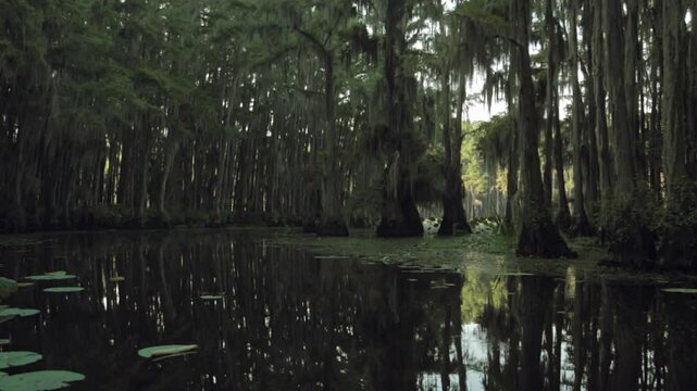 A group of trees stands tall by the calm water of a swamp in Florida. The sun rises, casting soft light on the water. Reflections create interesting patterns in the early morning.