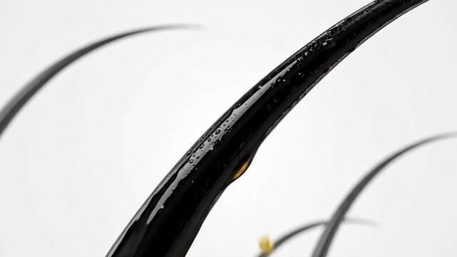 Close-up macro shot of a shiny black hair strand with golden oil dripping, macro hair care serum application