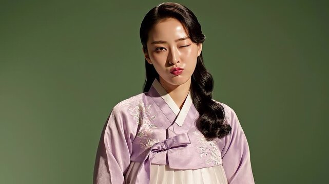 A beautifully illuminated studio portrait of a serious young Korean woman modeling an elegant, embroidered lavender Hanbok against a sophisticated gre