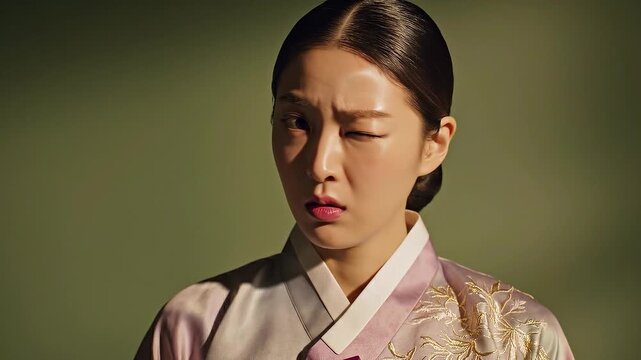 A young Korean woman wearing an elegant Hanbok traditional dress stares intensely to the side against a dark sage green backdrop, conveying deep conce