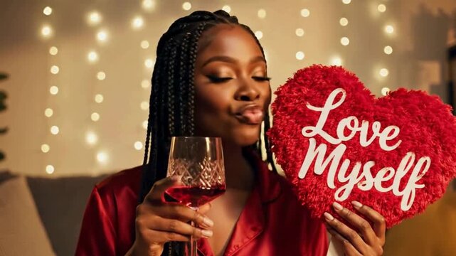 Young Black woman  holding wine and 'Love Myself' heart pillow in a cozy setting with string lights celebraing single day