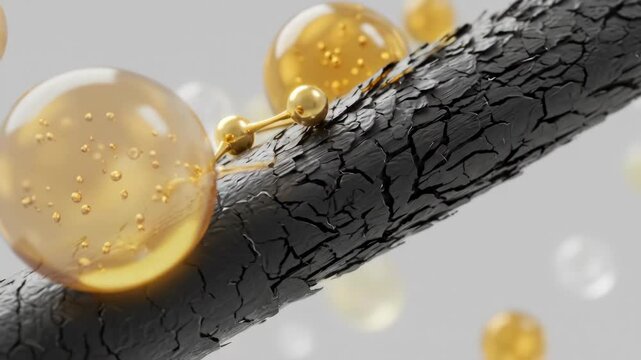 Close-up of a damaged hair strand being treated with golden nourishing serum droplets
