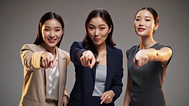 Three smiling Asian businesswomen enthusiastically applaud a successful achievement while standing together against a professional studio backdrop, ce