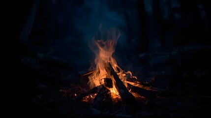 A campfire burns brightly in the darkness of a forest at night, viewed from a low angle.