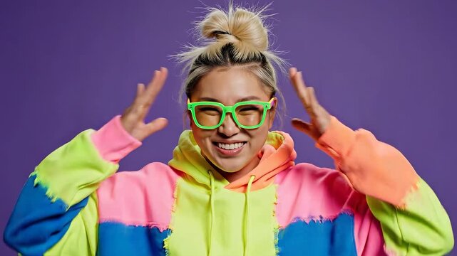 A vibrant young Asian woman wearing a neon color-block hoodie and bright green glasses expresses extreme shock or surprise against a solid purple stud