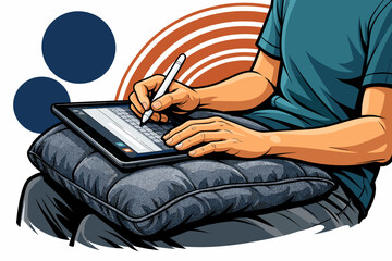 Person using a digital tablet with a stylus pen on a cushion.