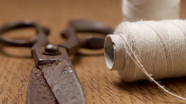 Rusty Scissors and Thread on Table, Home Repair Still Life