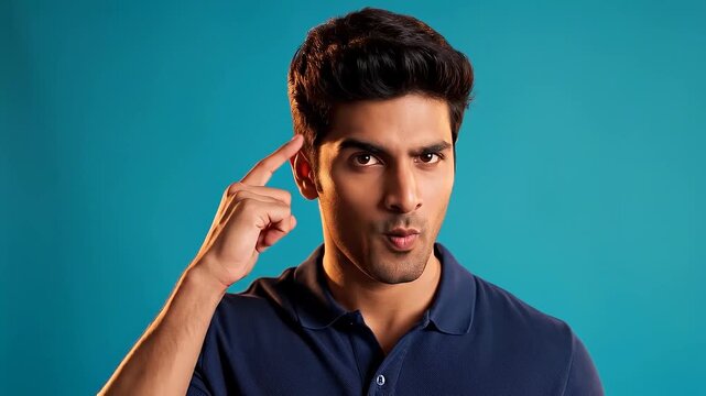 A handsome young South Asian man winks mischievously while holding his index finger to his lips, asking for confidentiality against a vibrant blue bac