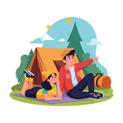 Cartoon illustration of a smiling family camping together inside a tent with parents and children enjoying a fun summer moment