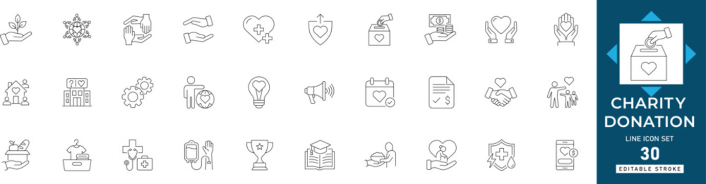 charity donation line icon set featuring finance, community, funding, donation, empathy, trust, honesty, help, gift, benefit editable vector set