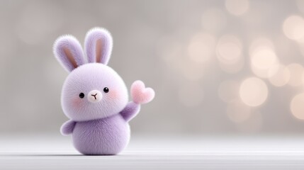 Fototapeta premium Cute purple bunny plush toy holding a heart-shaped accessory, set against a soft bokeh background, perfect for children's decor and gifts